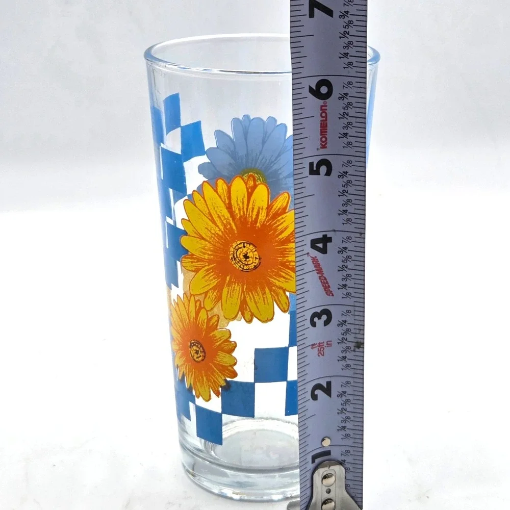 Vintage Sunflower Glasses Blue Checkerboard KIG Indonesia Iced Tea Set of 4